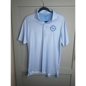 Johnnie-O Performance Golf Shirt Mens S Blue Geometric Devon Horse Show Logo